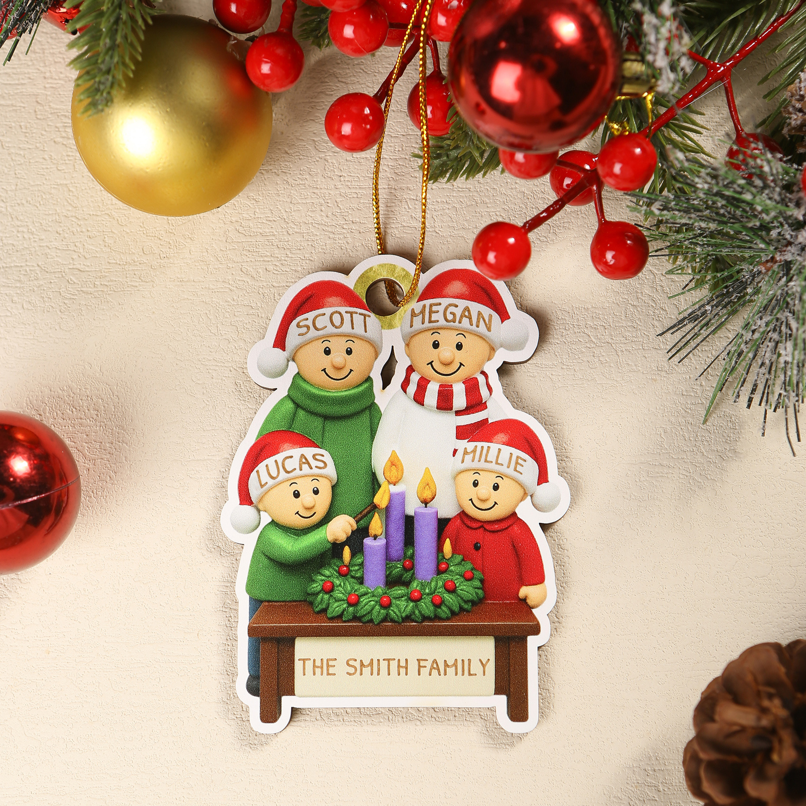 Décoration de sapin de Noël personnalisée – Famille allumant les bougies de l'Avent