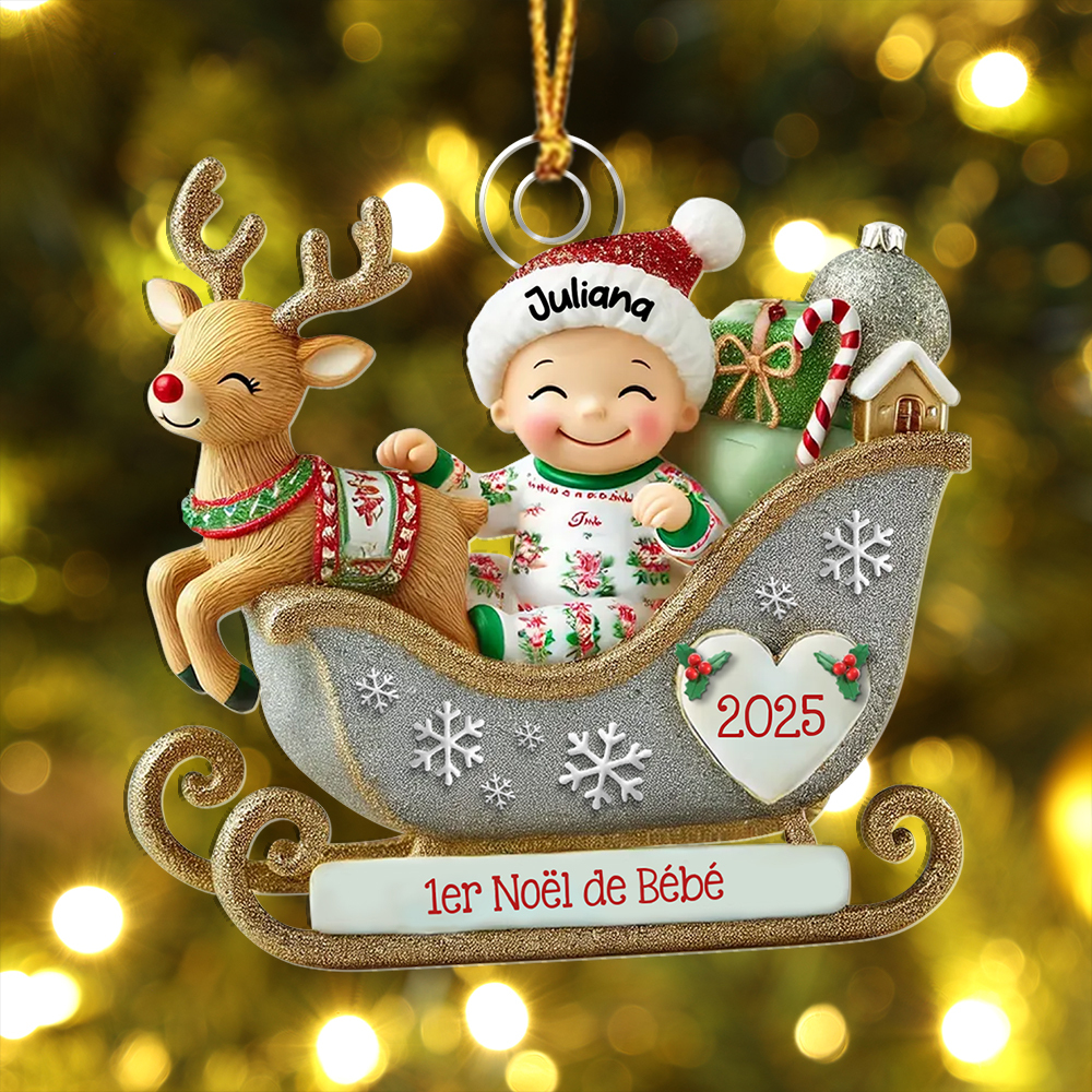 Décoration Sapin Noël Personnalisée en forme de traîneau - 1er Noël de bébé