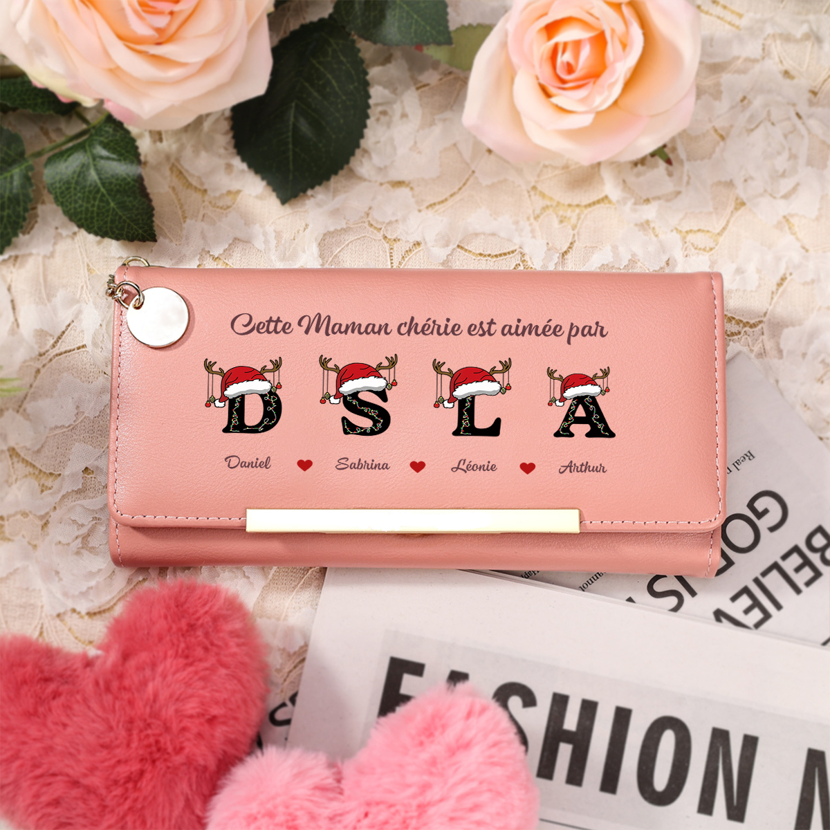 Portefeuille long Personnalisé avec Initiales de Noël et Prénoms pour Maman/Mamie