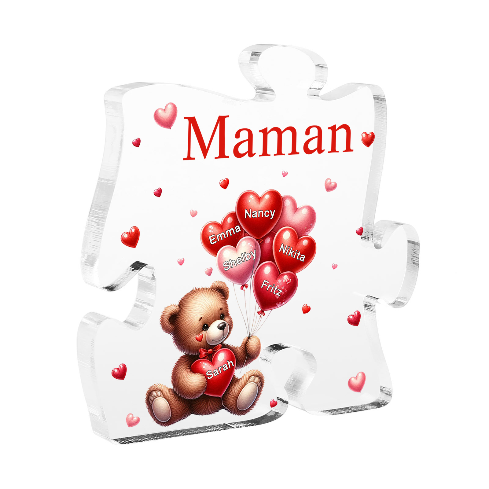 Plaque Acrylique en forme de Puzzle Ours 6 Prénoms et 1 Texte Personnalisés