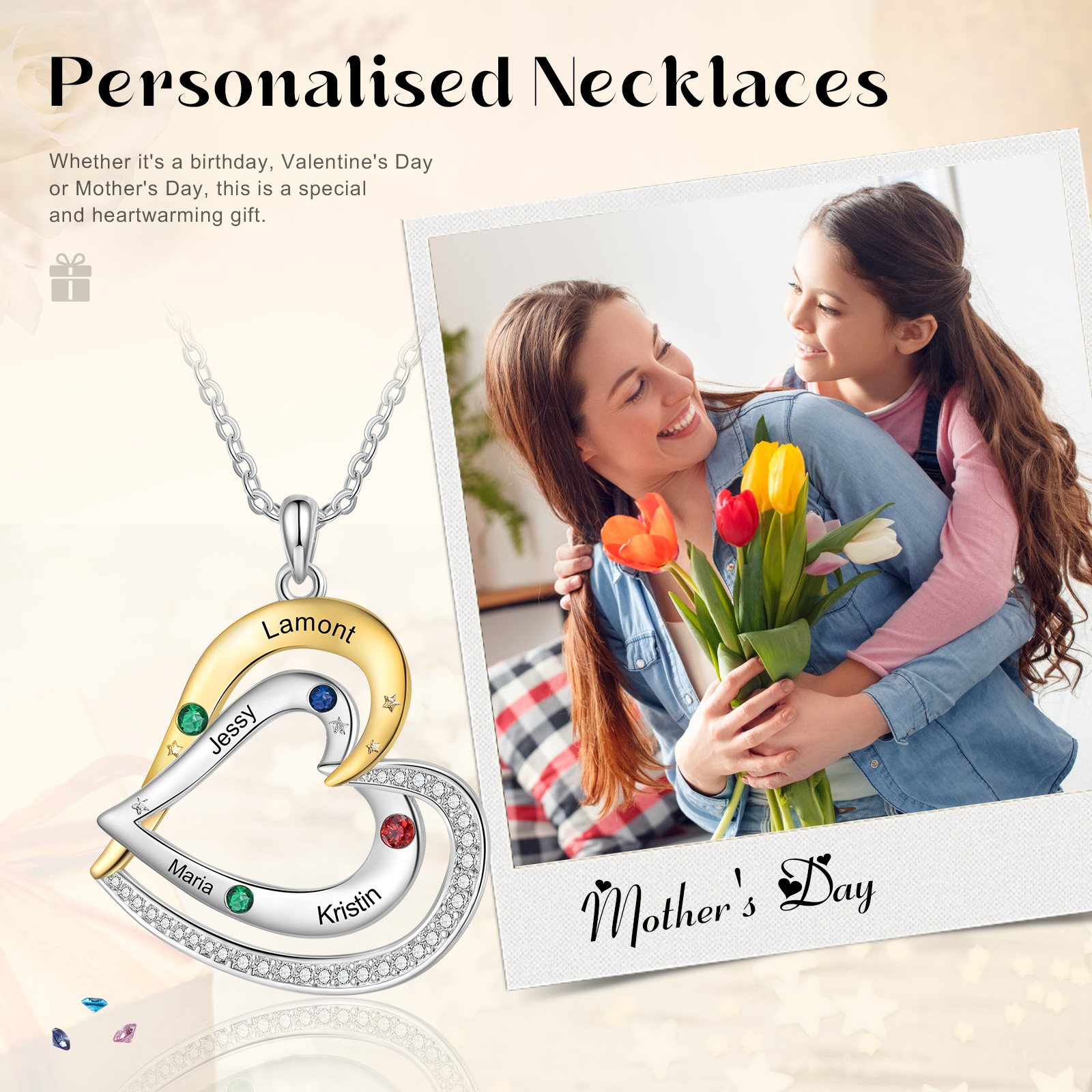 Collier Pendentif Cœur 4 Prénoms Personnalisés avec Pierre de Naissance Collier Femmes