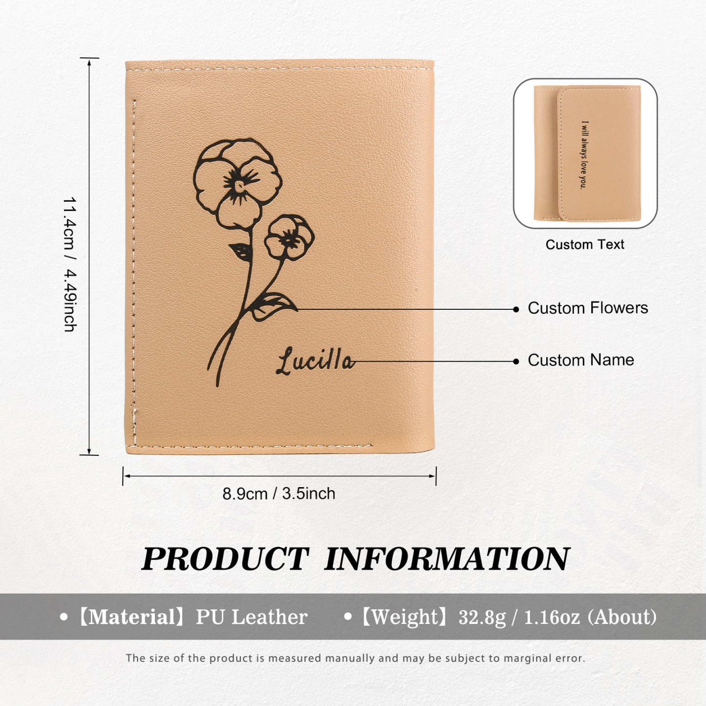 Portefeuille Femme Prénom et Texte Personnalisés avec Fleurs de naissance Porte-Monnaie Carte