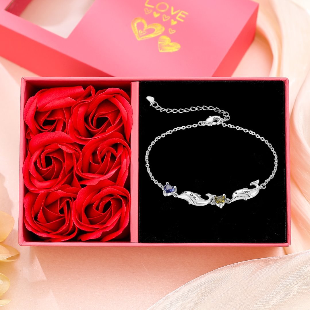Bracelet dauphin 2 Prénoms Personnalisé avec 2 Pierres de Naissance