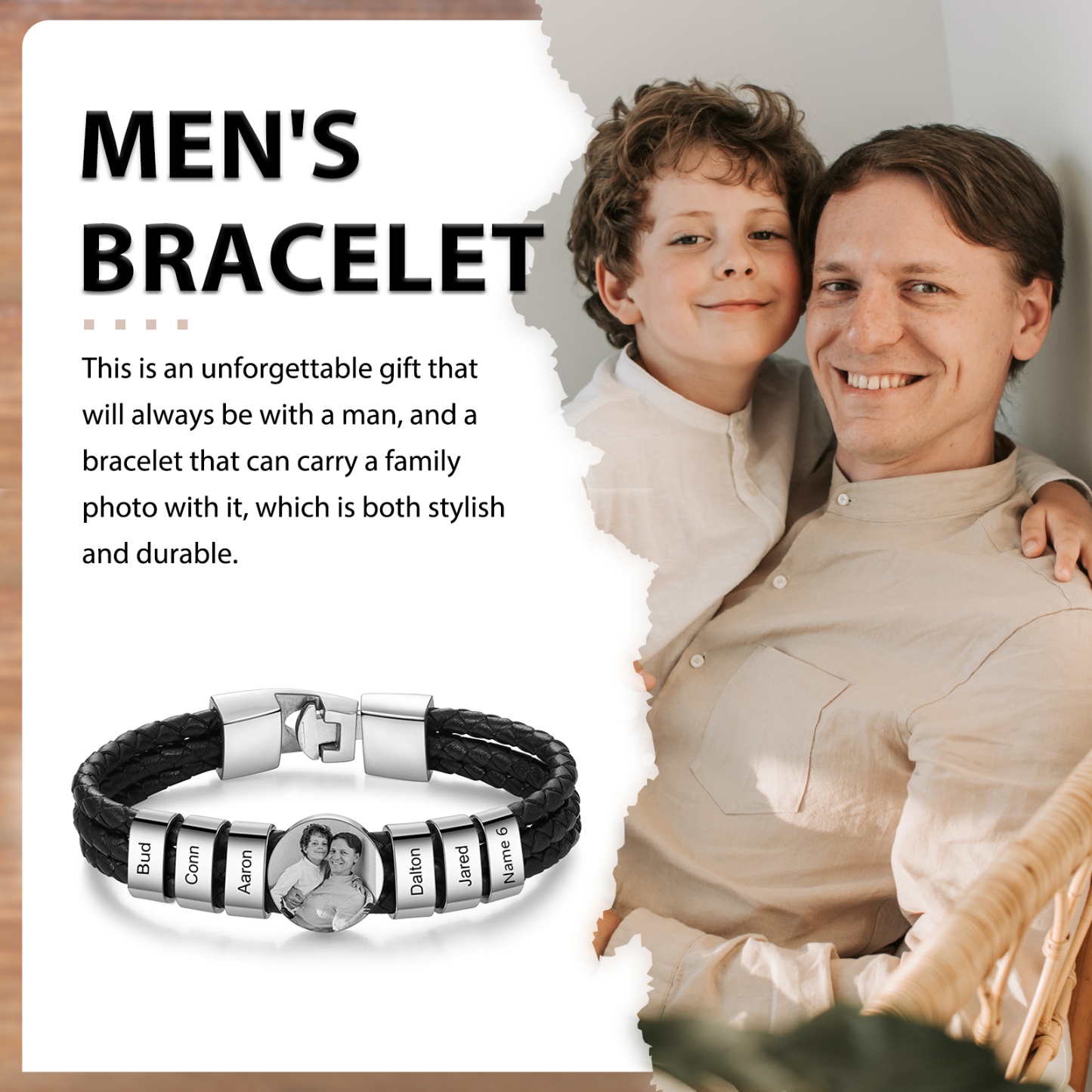 Bracelet en Cuir 6 Prénoms Personnalisés avec Photo pour Hommes