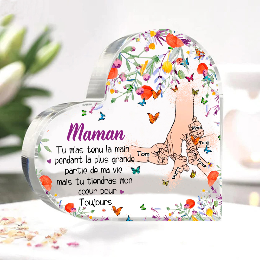À ma Maman - Plaque Acrylique en Forme de Cœur 5 Prénoms Personnalisés la Mian dans la Main