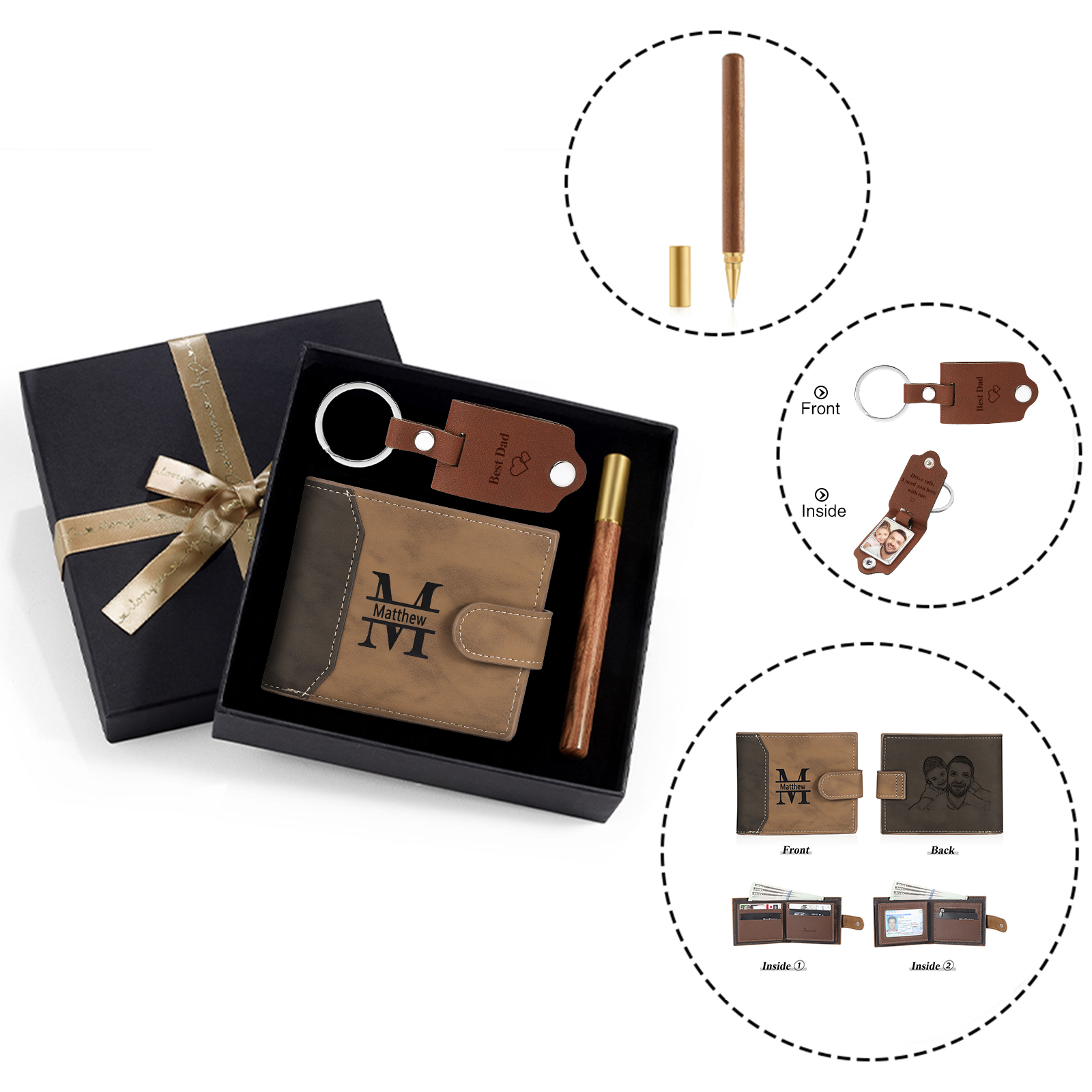 Coffret Cadeau 3PCS - Portefeuille classique Porte-Clés et Stylo 1 Prénom et Lettre Personnalisés avec 2 Textes et 2 Photos Coffret Cadeau pour Homme