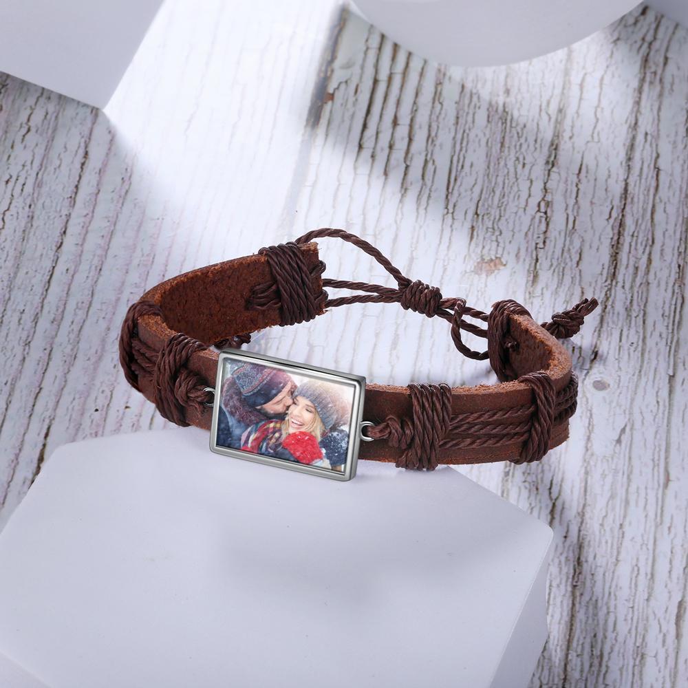 Bracelet Photo Personnalisée Cuir Tressé pour Couple Noeud Coulissant
