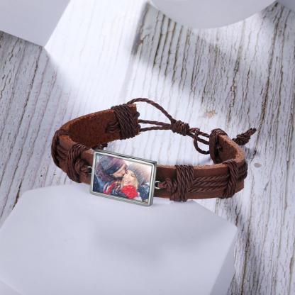 Bracelet Photo Personnalisée Cuir Tressé pour Couple Noeud Coulissant