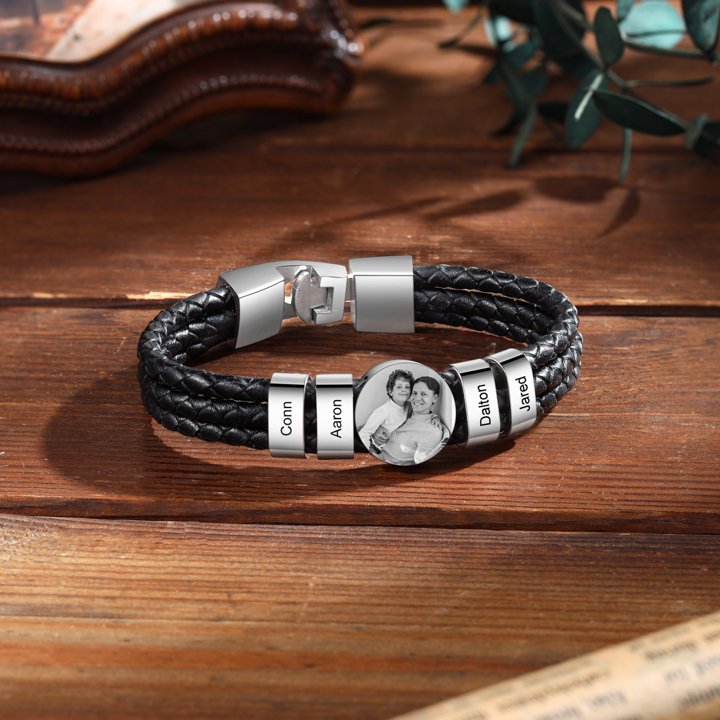 Bracelet en Cuir 4 Prénoms Personnalisés avec Photo pour Hommes