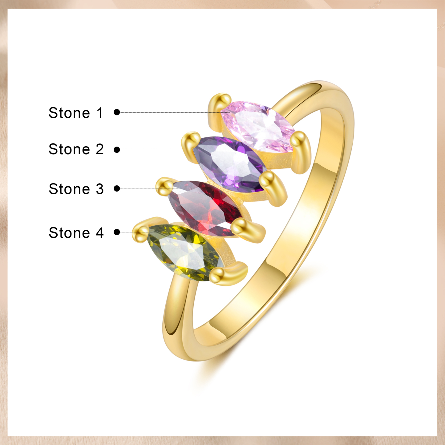 Bague Femmes 4 Pierres de Naissance Personnalisés