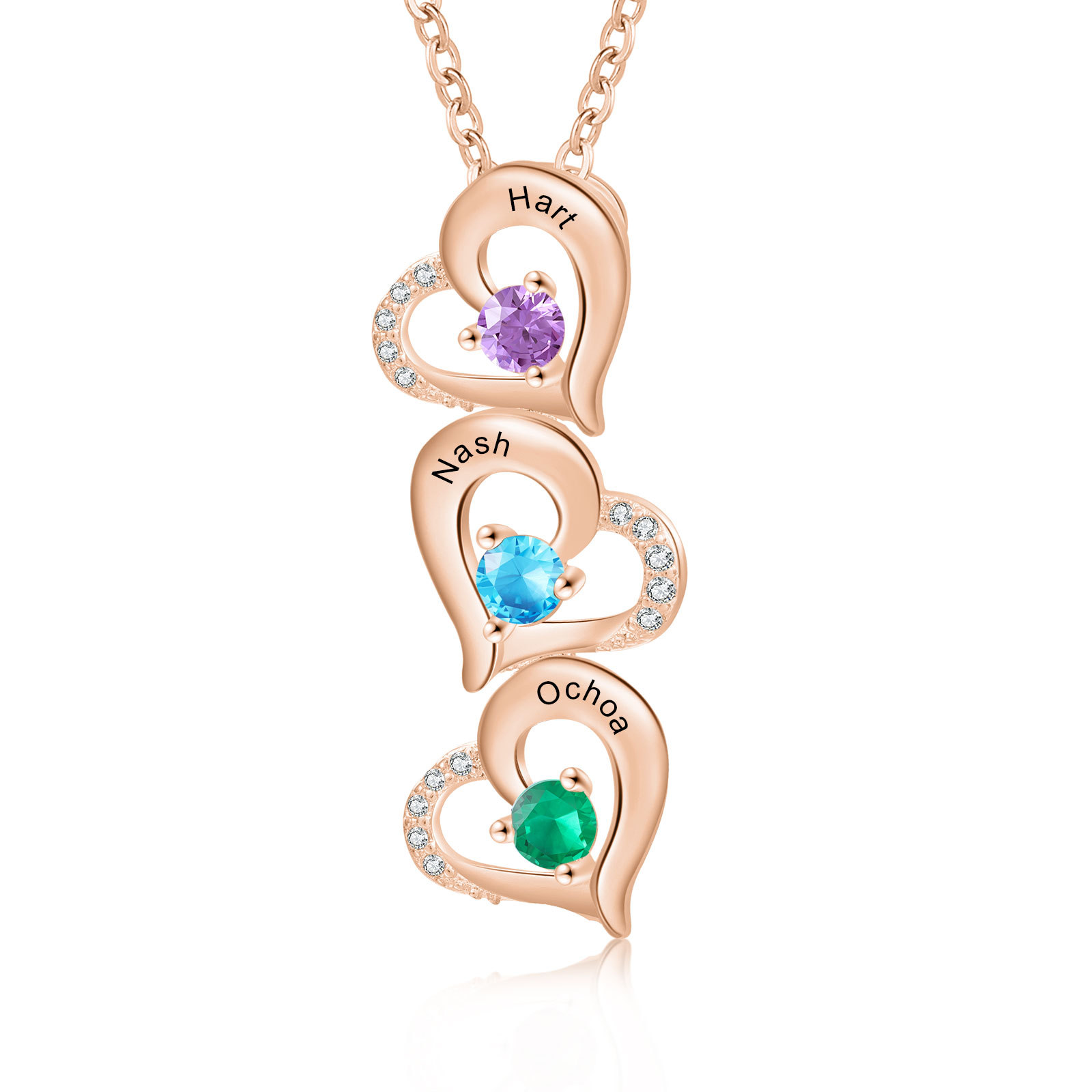 Collier Pendentif Cœur 3 Prénoms Personnalisés avec Pierre de naissance pour Femmes