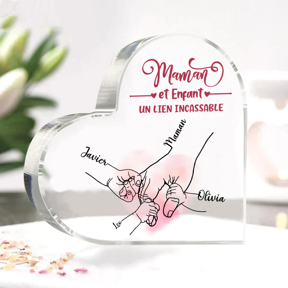 À ma Maman - Plaque Acrylique en Forme de Cœur la main dans la main 4 Prénoms Personnalisés