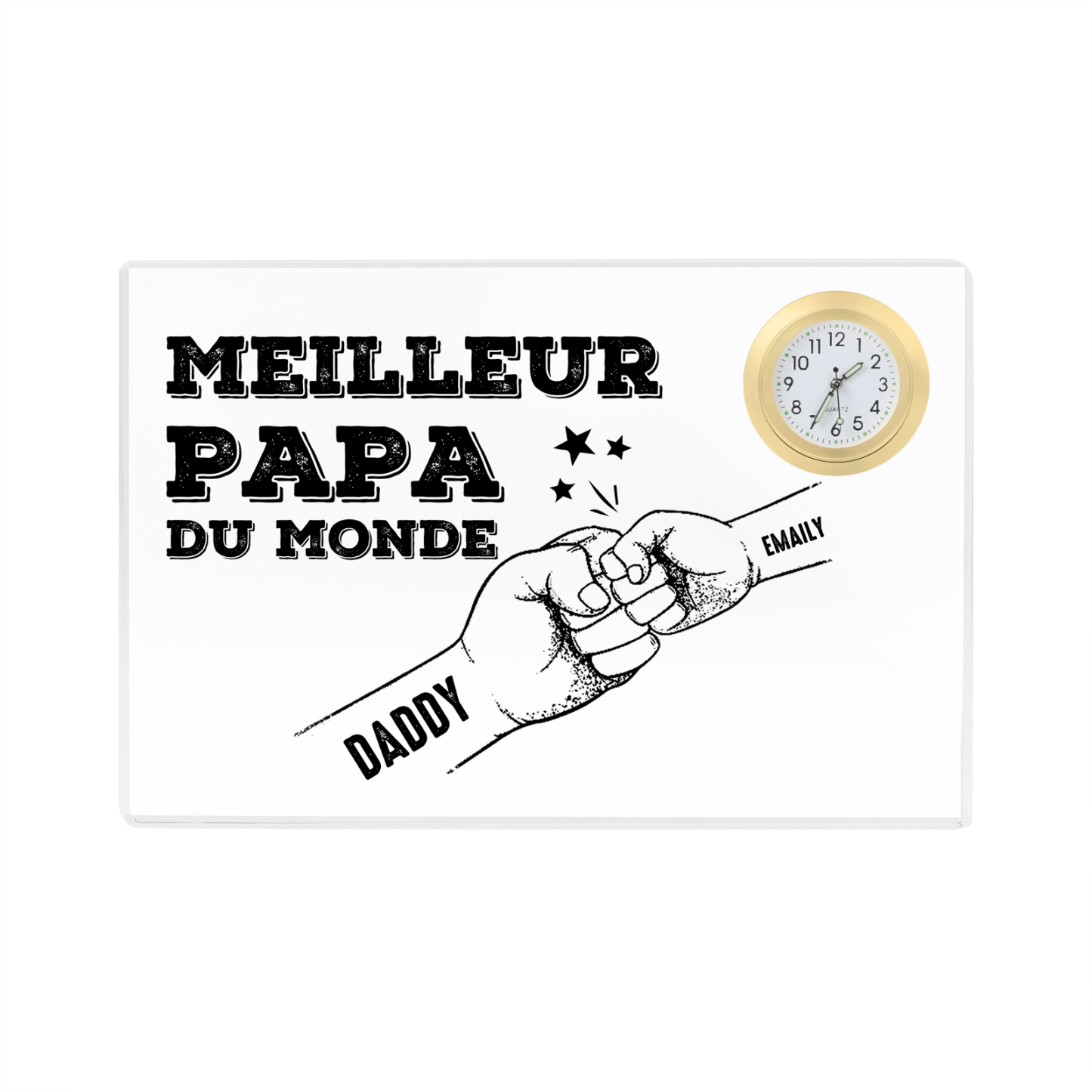 À mon Papa - Plaque Acrylique rectangle avec Horloge Poings 2 Prénoms Personnalisés