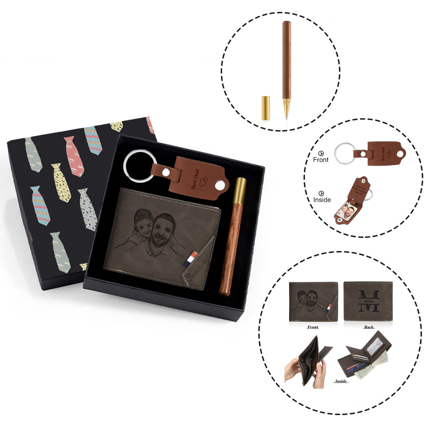 Coffret Cadeau 3PCS - Portefeuille classique Porte-Clés et Stylo 2 Photo et Textes Personnalisés avec 1 Prénom et Lettre Coffret Cadeau pour Homme