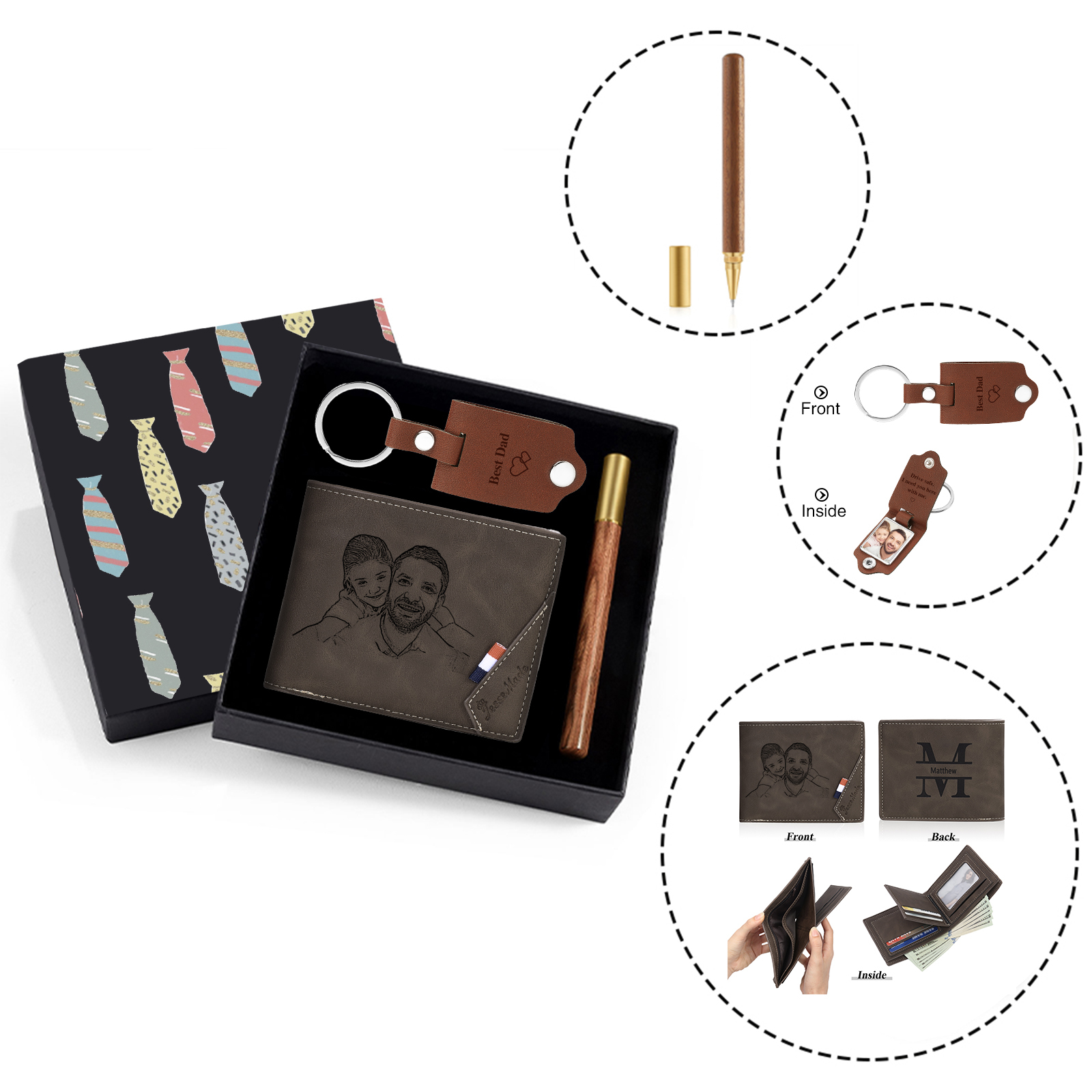 Coffret Cadeau 3PCS - Portefeuille classique Porte-Clés et Stylo 2 Photo et Textes Personnalisés avec 1 Prénom et Lettre Coffret Cadeau pour Homme