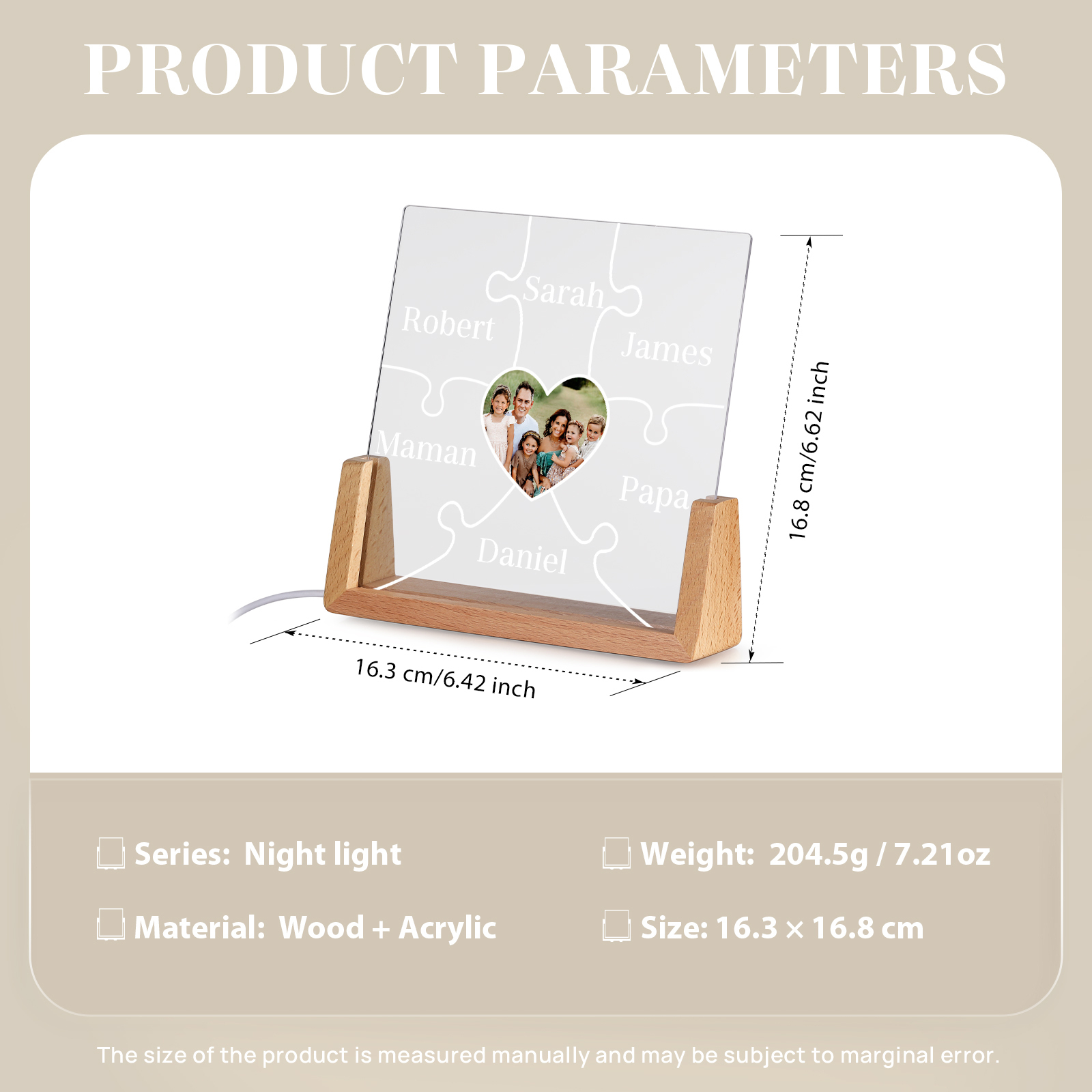 Lampe de chevet LED Puzzles 6 Prénoms Personnalisés avec Photo pour Famille