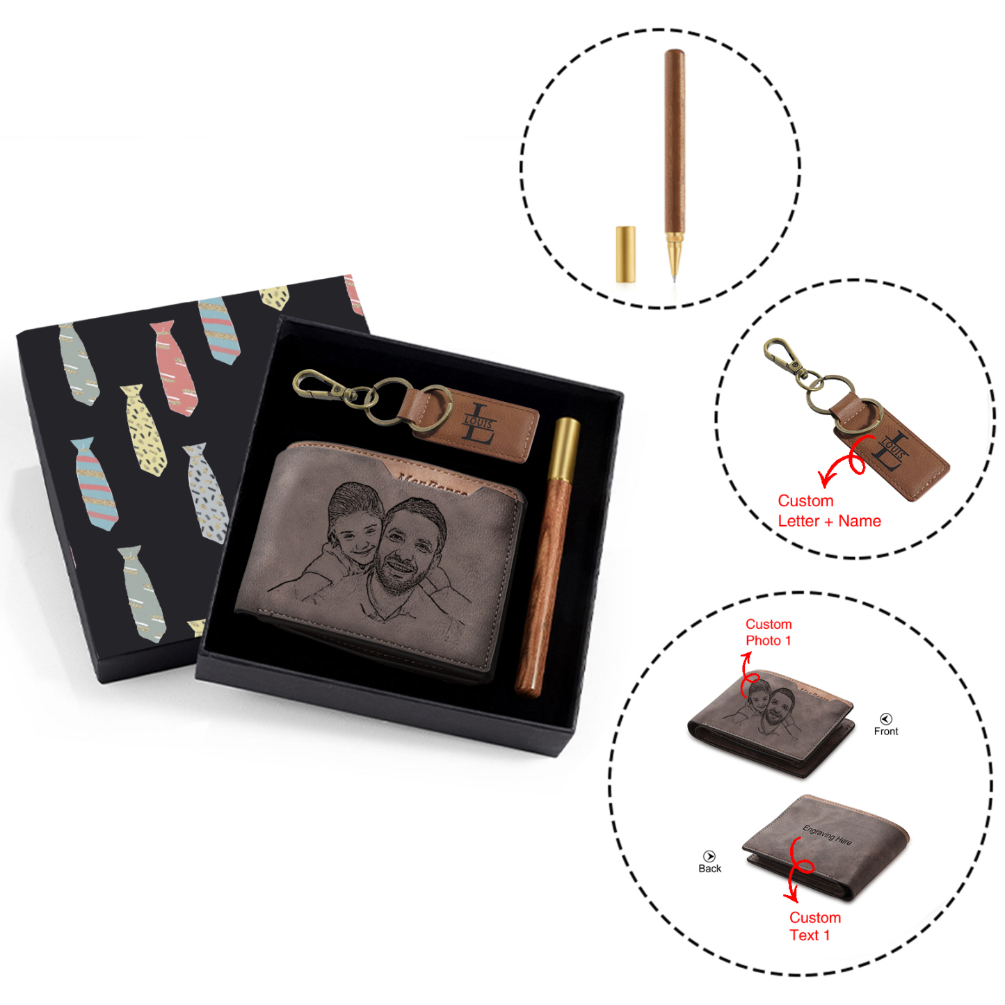 Coffret Cadeau 3PCS - Portefeuille classique Porte-Clés et Stylo 1 Photo et Texte Personnalisés avec 1 Prénom et Lettre Coffret Cadeau pour Homme