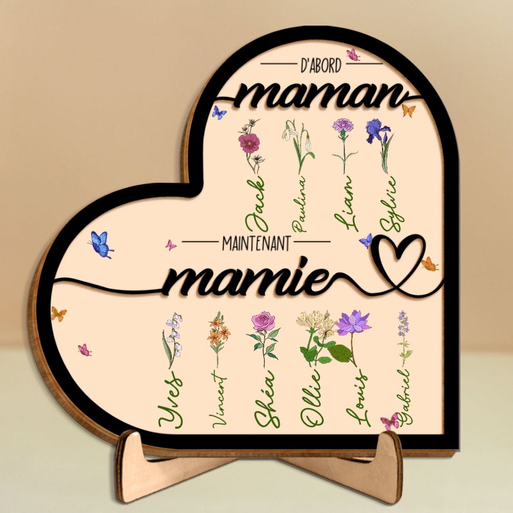 Plaque Cœur en Bois 1-10 Prénoms Personnalisés Décoration de Maison Cadeau pour Mamie | Jessemade