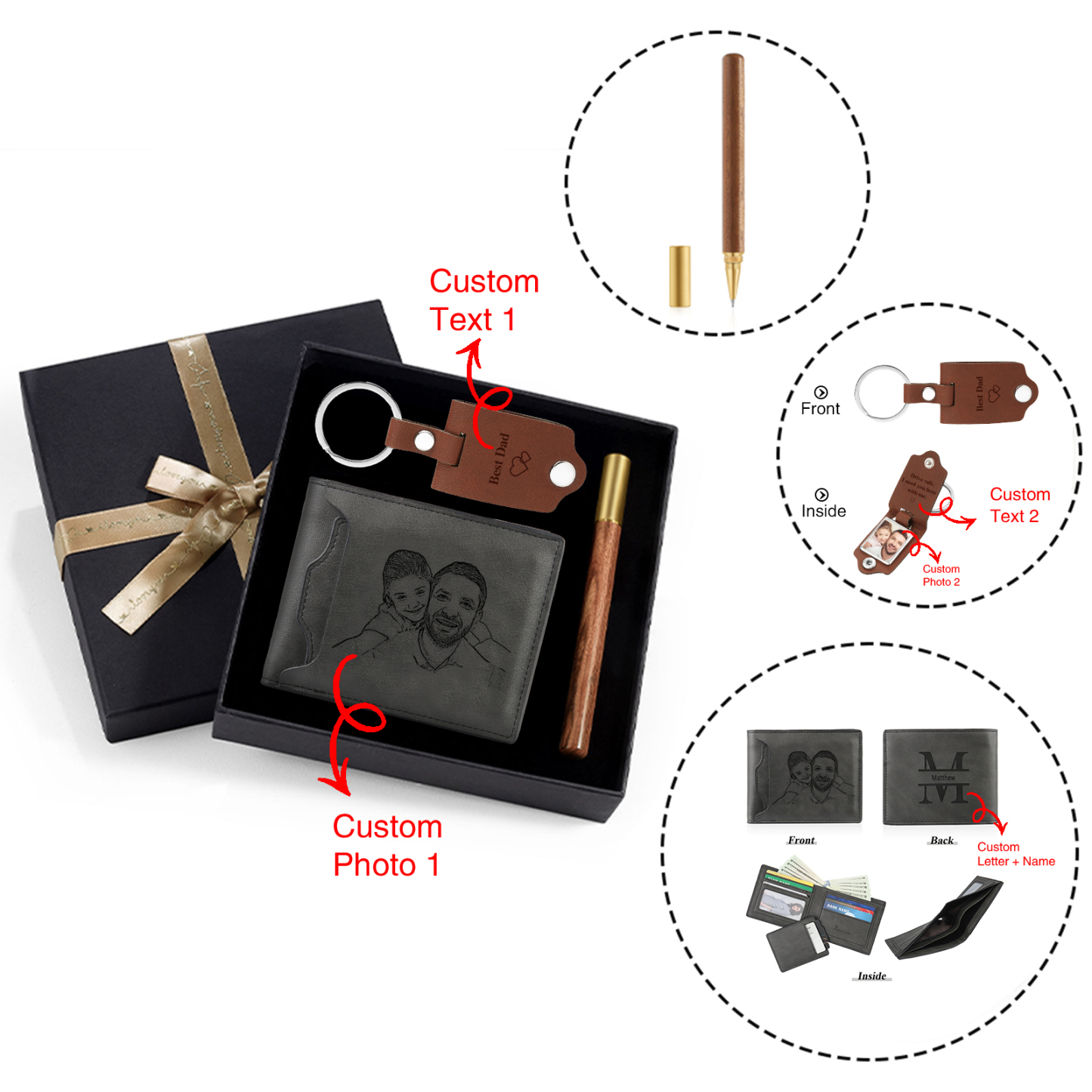 Coffret Cadeau 3PCS - Portefeuille classique Porte-Clés et Stylo 1 Prénom et Lettre Personnalisés avec 2 Textes et 2 Photos Coffret Cadeau pour Homme