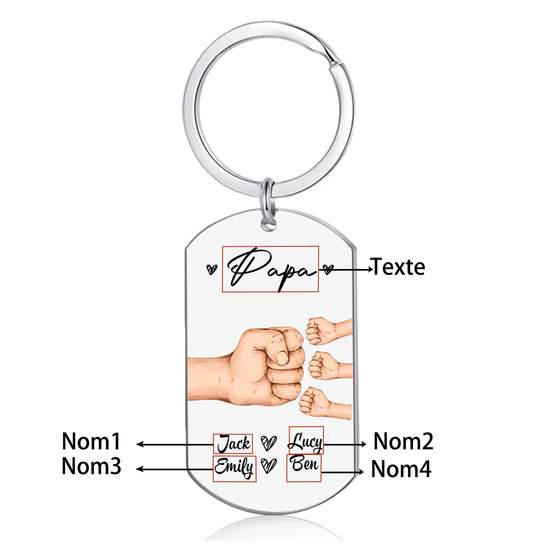 À Papa/Papi - Porte-Clés Poings 4 Prénoms Personnalisés
