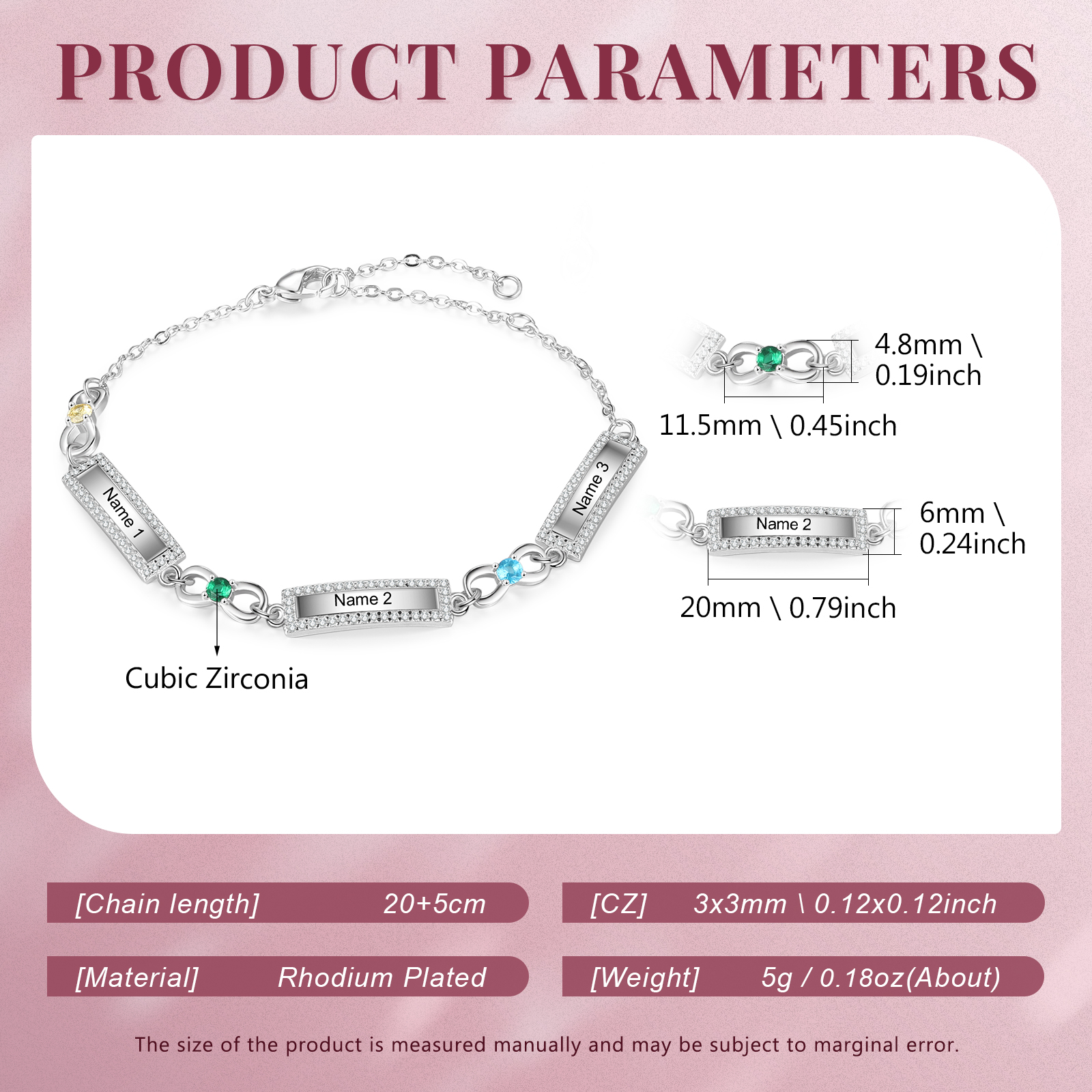 Bracelet Infini 3 Prénoms Personnalisé avec 3 Pierres de Naissance