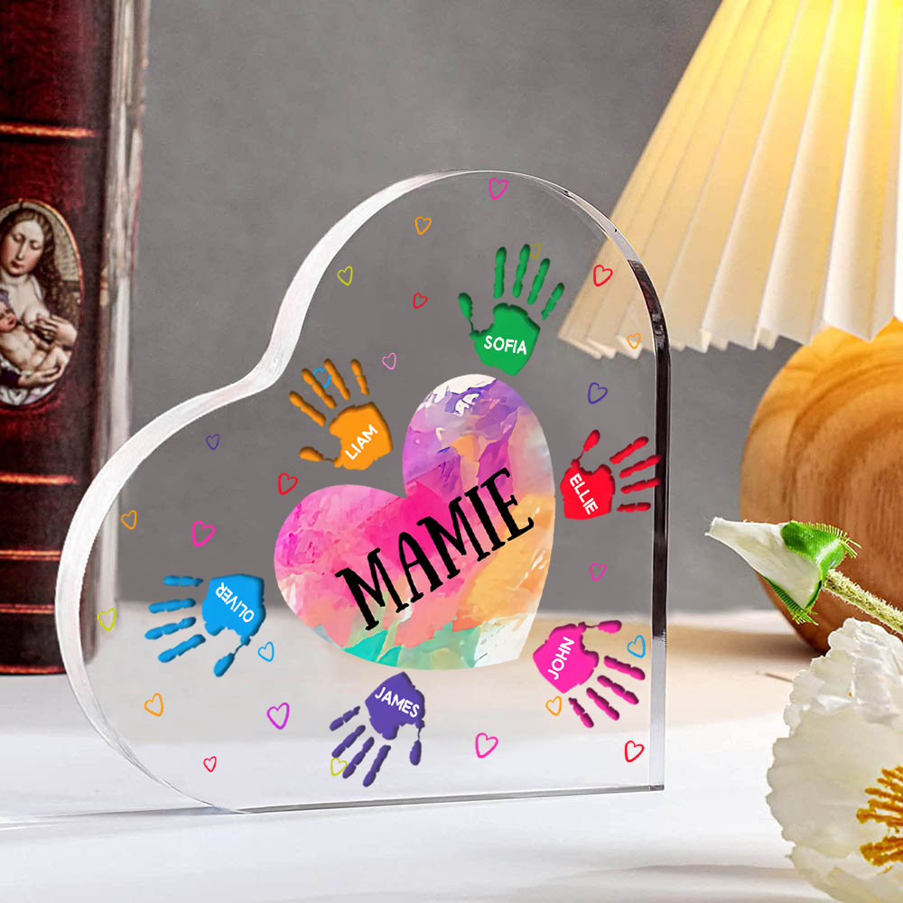 À ma Maman/Mamie - Plaque Acrylique Mains et Enfants en Forme de Cœur 7 Prénoms Personnalisés
