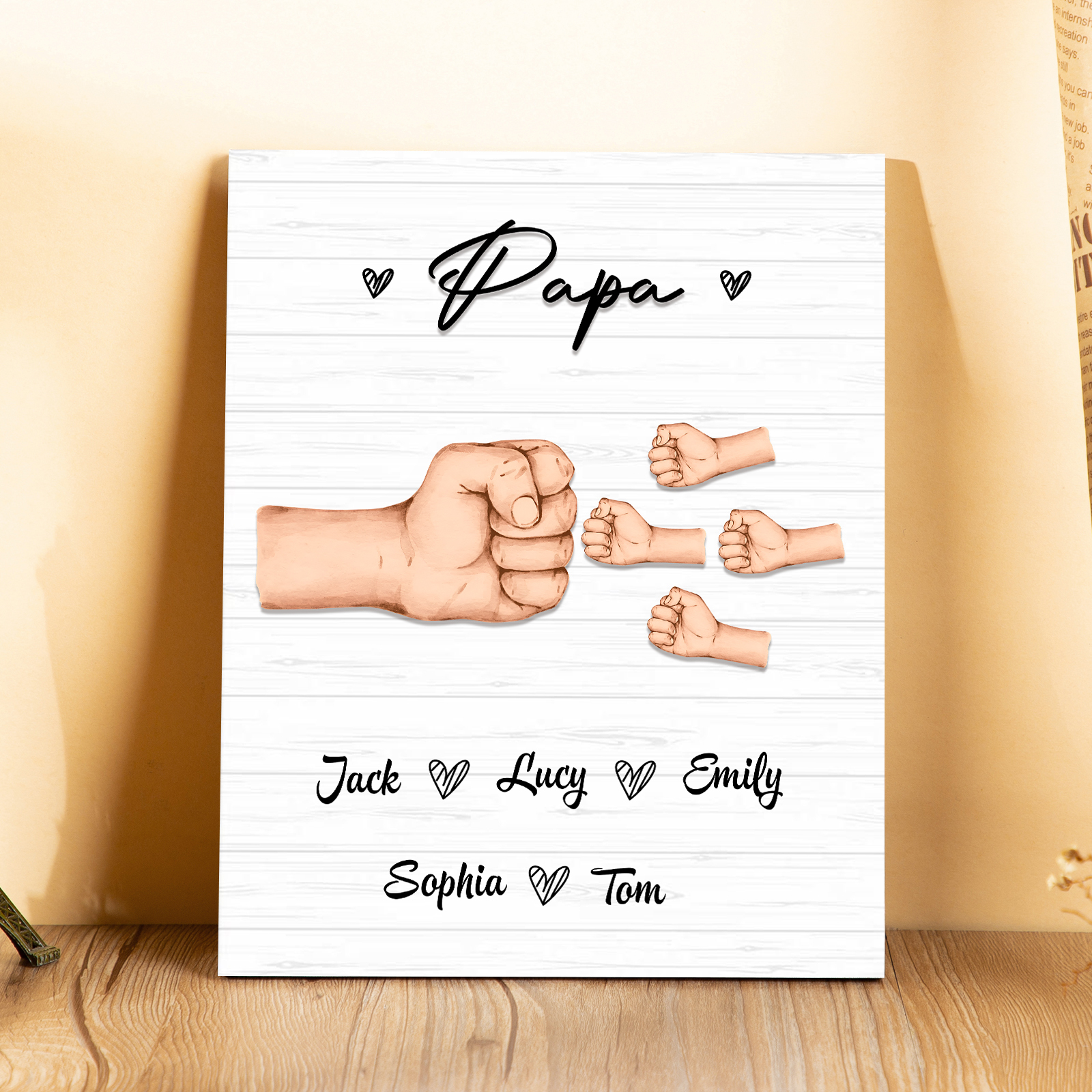 À Mon Papa/Papi-Cadre en Bois Poings 5 Prénoms Personnalisés avec Texte