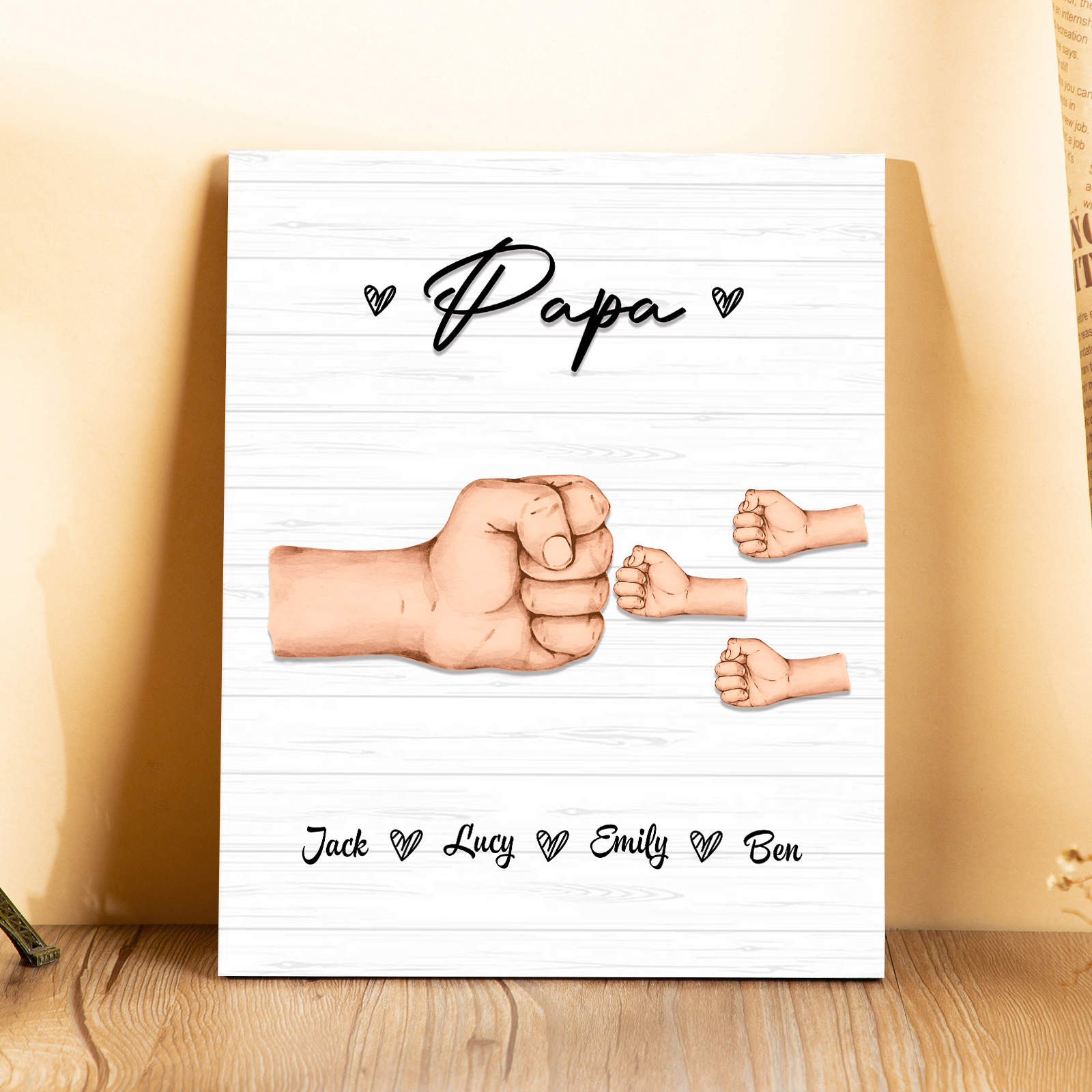 À Mon Papa/Papi-Cadre en Bois Poings 4 Prénoms Personnalisés avec Texte