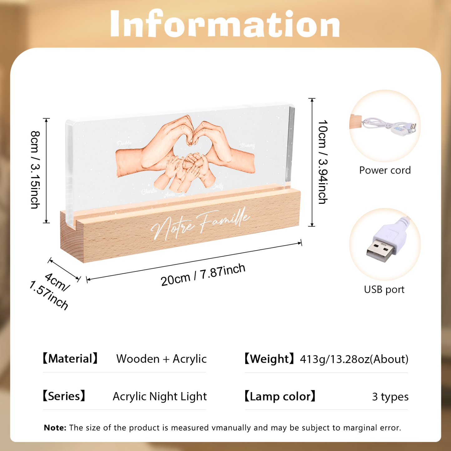 À ma Famille- Lampe de chevet LED la Main dans la Main 6 Prénoms Personnalisés avec Texte