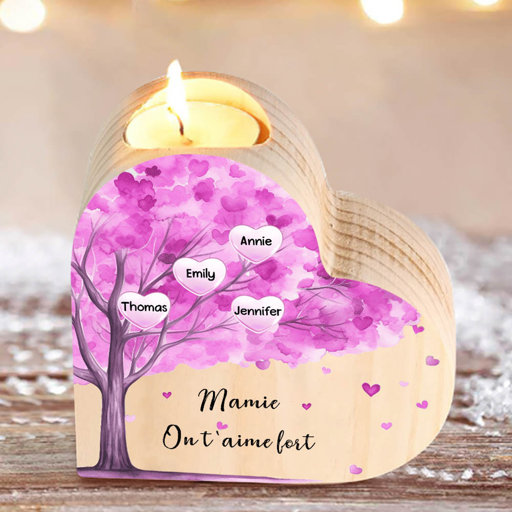 À Ma Maman/Mamie - Bougeoir en Bois Arbre 4 Prénoms et 1 Texte Personnalisés pour Famille sans bougie