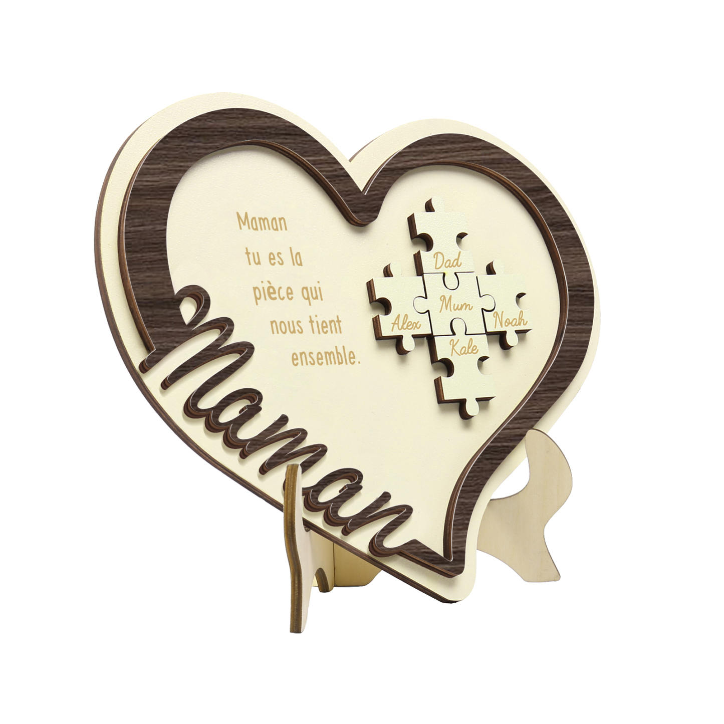 À ma Maman - Décoration en bois Cœur Puzzle 5 Prénoms Personnalisés Ornement pour Famille