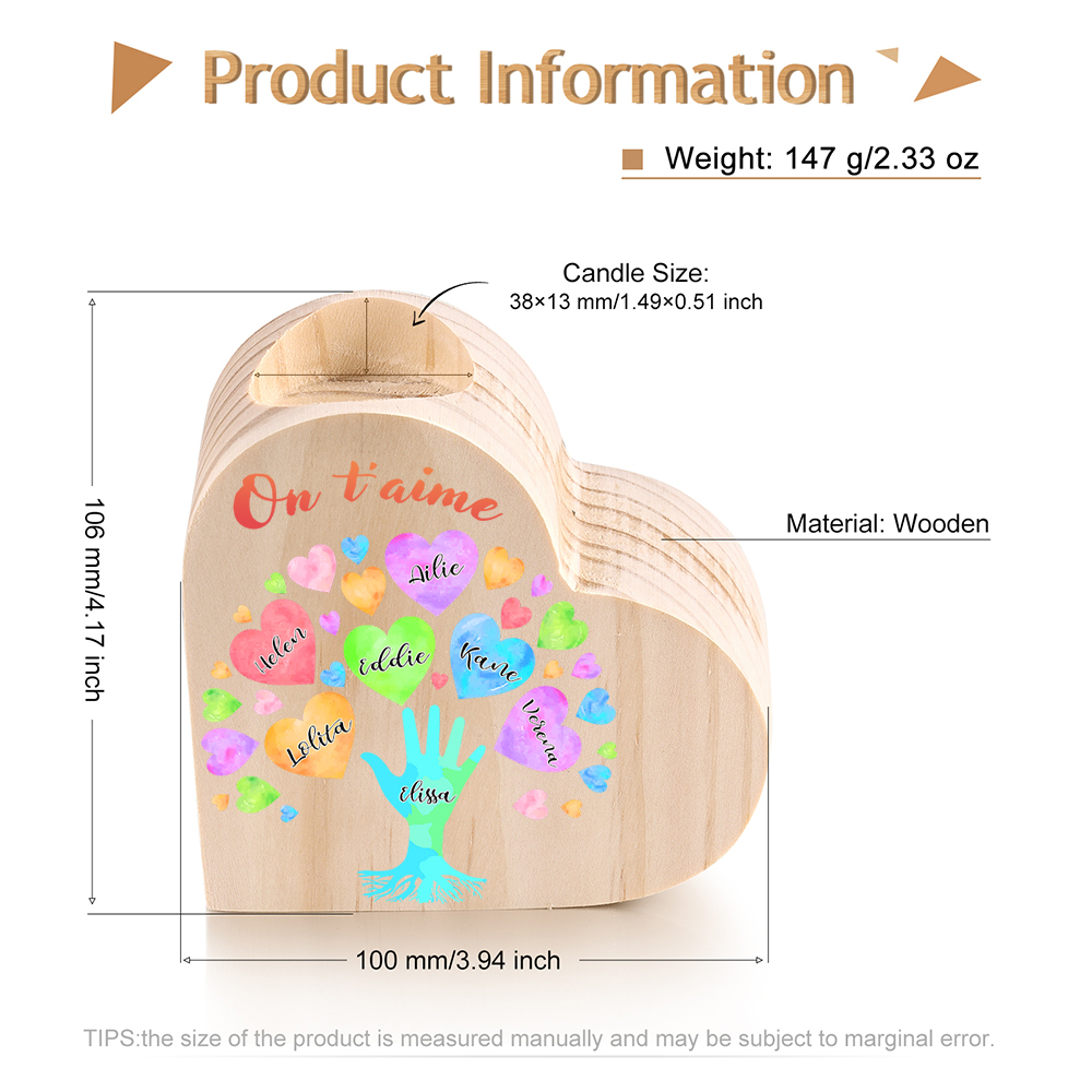 Bougeoir en Bois 7 Prénoms Personnalisés avec Texte sans bougie pour Famille
