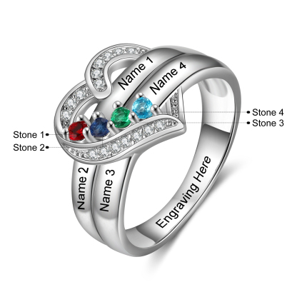 Bague Argent 925 4 Prénom Personnalisé avec 4 Pierre de Naissance