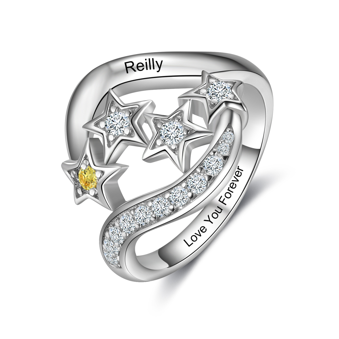 Bague étoilé 1 Prénom Personnalisé avec 1 Pierre de Naissance et texte en Argent 925