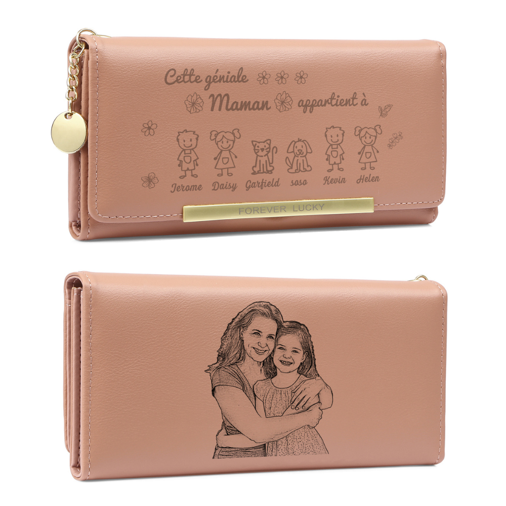 À Maman - Portefeuille Femme Photo Personnalisée avec 6 Dessins Enfant et 6 Prénoms Porte-monnaie Long Rose en Cuir PU pour Maman | Jessemade