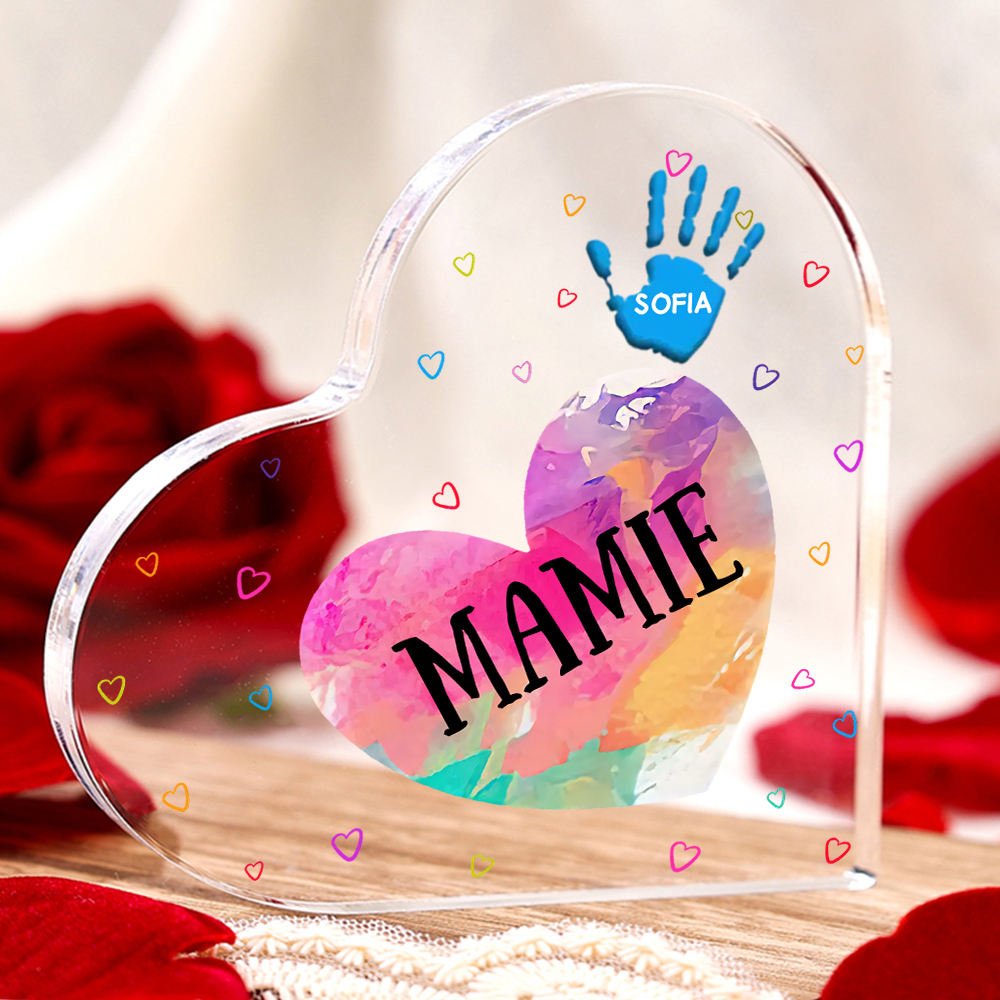 À ma Maman/Mamie - Plaque Acrylique Mains et Enfants en Forme de Cœur 2 Prénoms Personnalisés