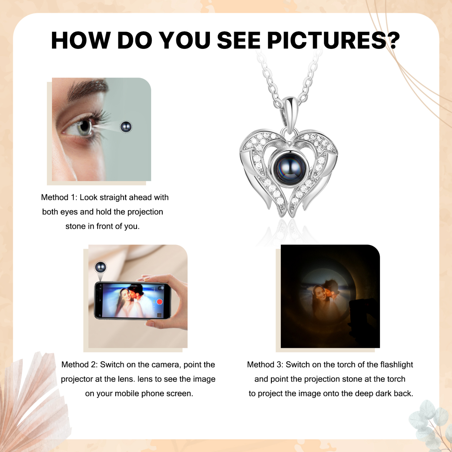Collier Pendentif Cœur et Ailes de Projection Photo Personnalisée