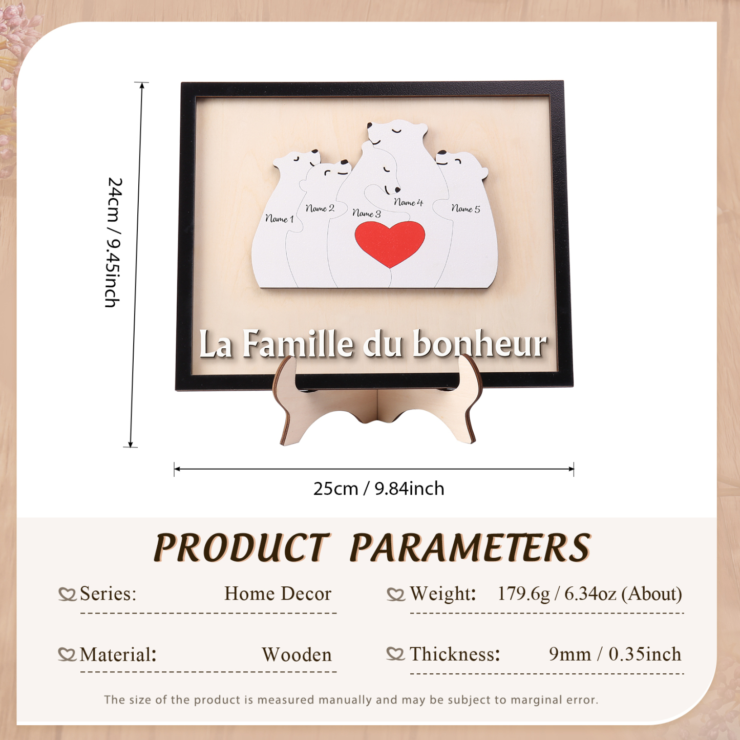 À ma Famille - Décoration en bois Ours 5 Prénoms Personnalisés Ornement pour Famille