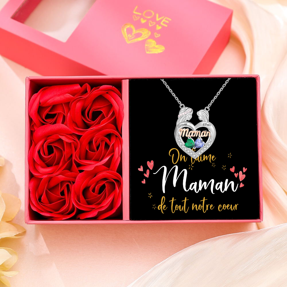 À ma Maman - Collier Mère et Fille Cœur 2 Prénoms Personnalisé avec 2 pierres de naissance | Jessemade