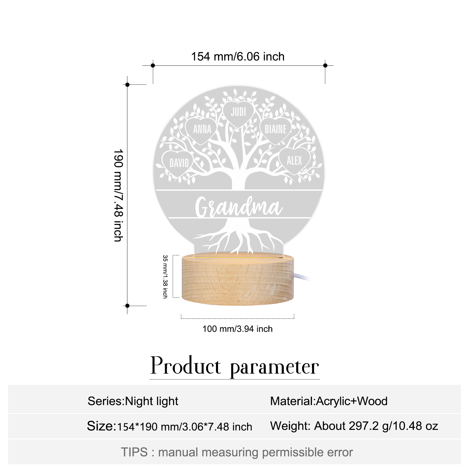 À ma Mamie/Maman - Lampe de chevet Arbre de vie LED Lumières 6 Prénoms Personnalisés pour Famille