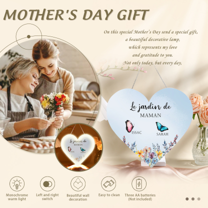 À Maman/Mamie - Veilleuse Cœur Décoration Fleur et Papillon 2 Prénoms Personnalisés avec 1 Texte