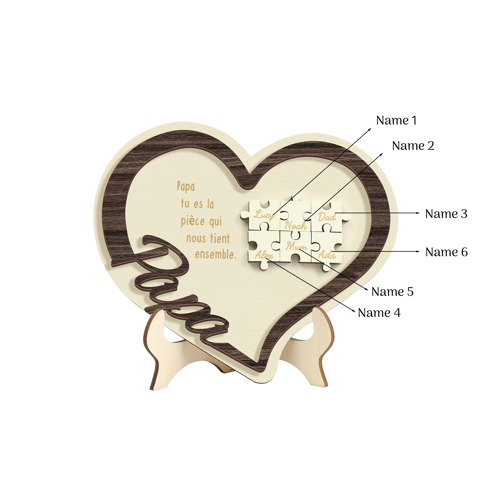 À mon Papa - Décoration en bois Cœur Puzzle 6 Prénoms Personnalisés Ornement pour Famille
