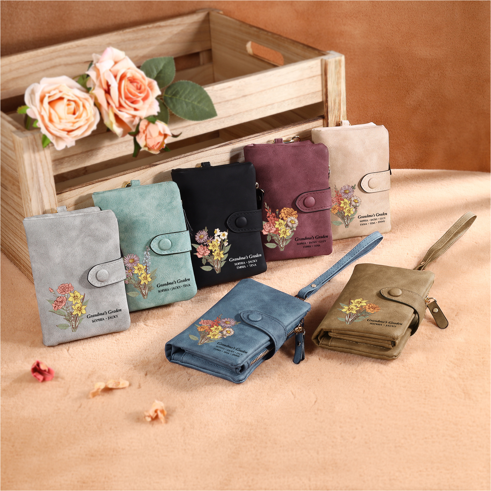 Portefeuille Fleur de naissance 1-6 Prénoms Personnalisés Porte-Monnaie Carte pour Femmes
