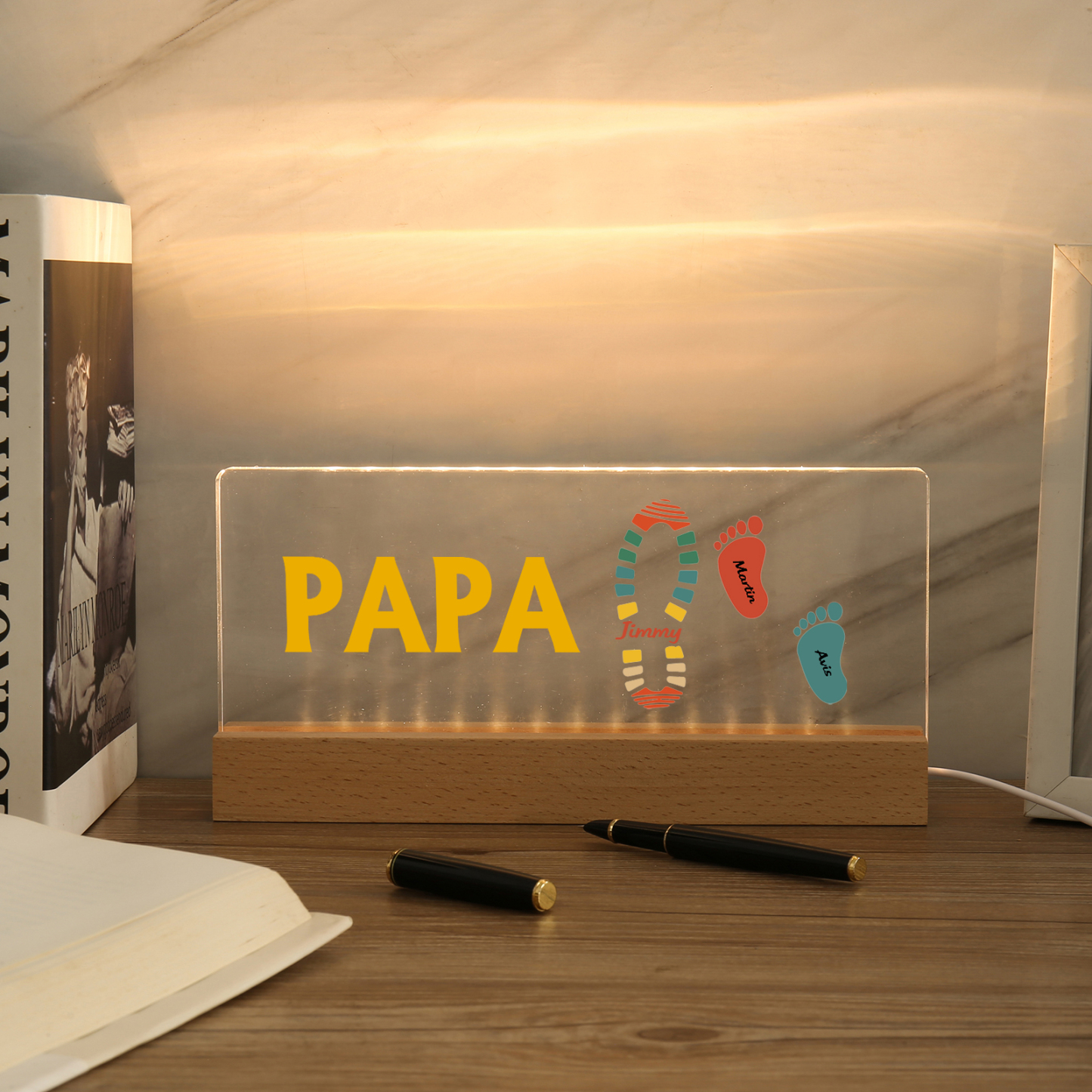 À mon Papa/Papi- Lampe de chevet LED Pieds Bébé 3 Prénoms Personnalisés avec Texte