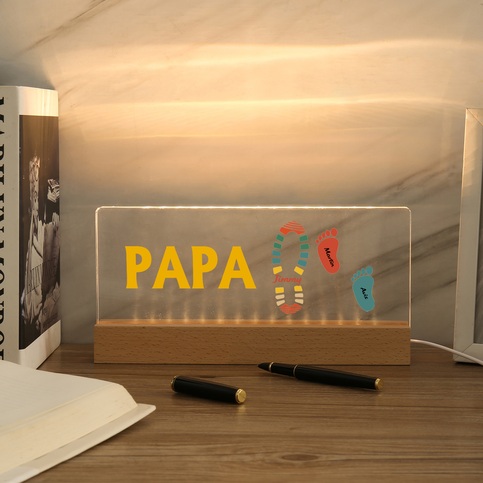 À mon Papa/Papi- Lampe de chevet LED Pieds Bébé 3 Prénoms Personnalisés avec Texte