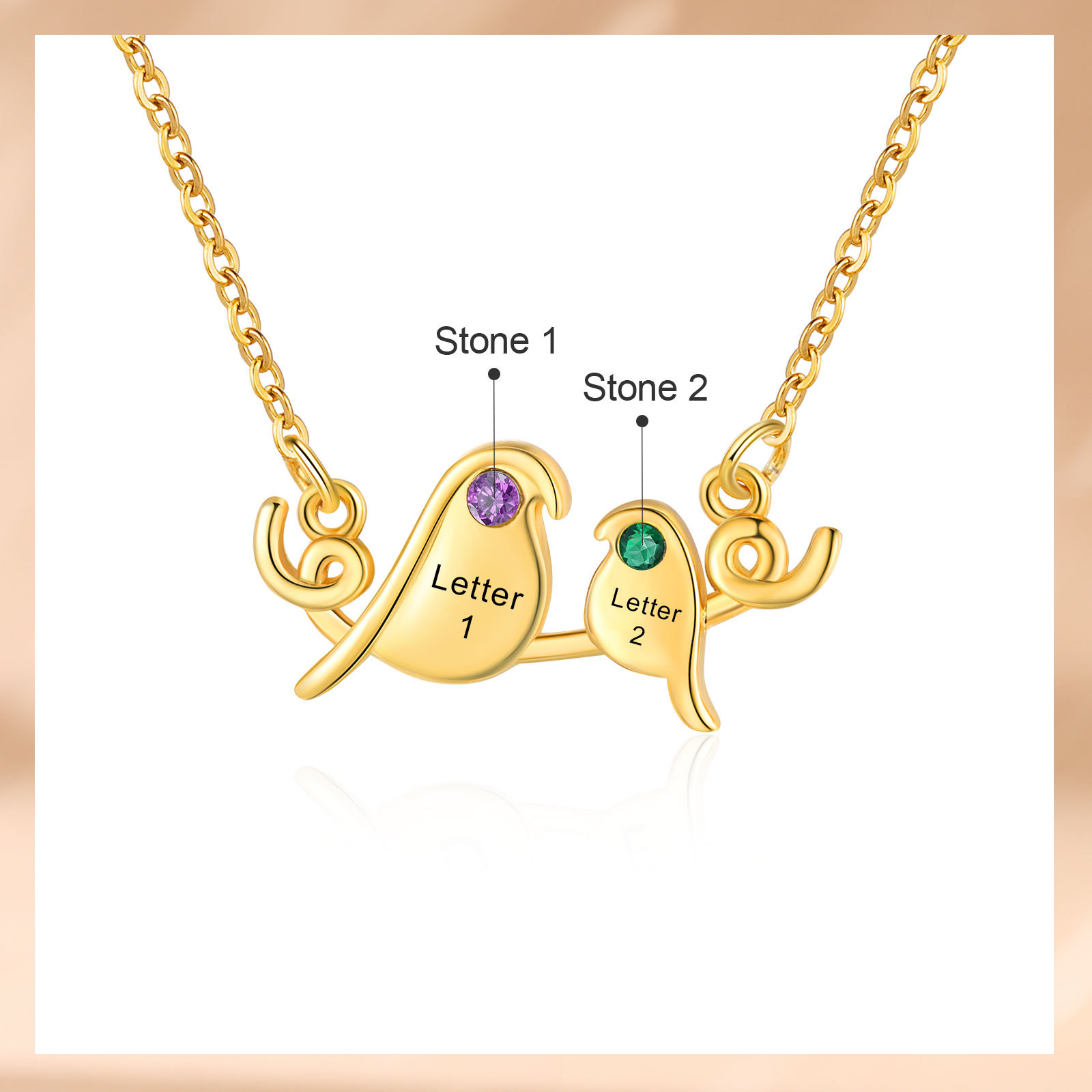 Collier Petit Oiseau 2 Lettres et Pierres de Naissance Personnalisés Collier Femmes