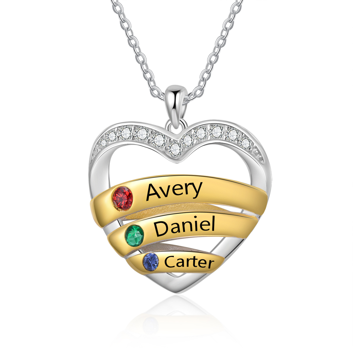 Collier Pendentif Cœur 3 Prénoms Personnalisés avec Pierre de Naissance Collier Femmes