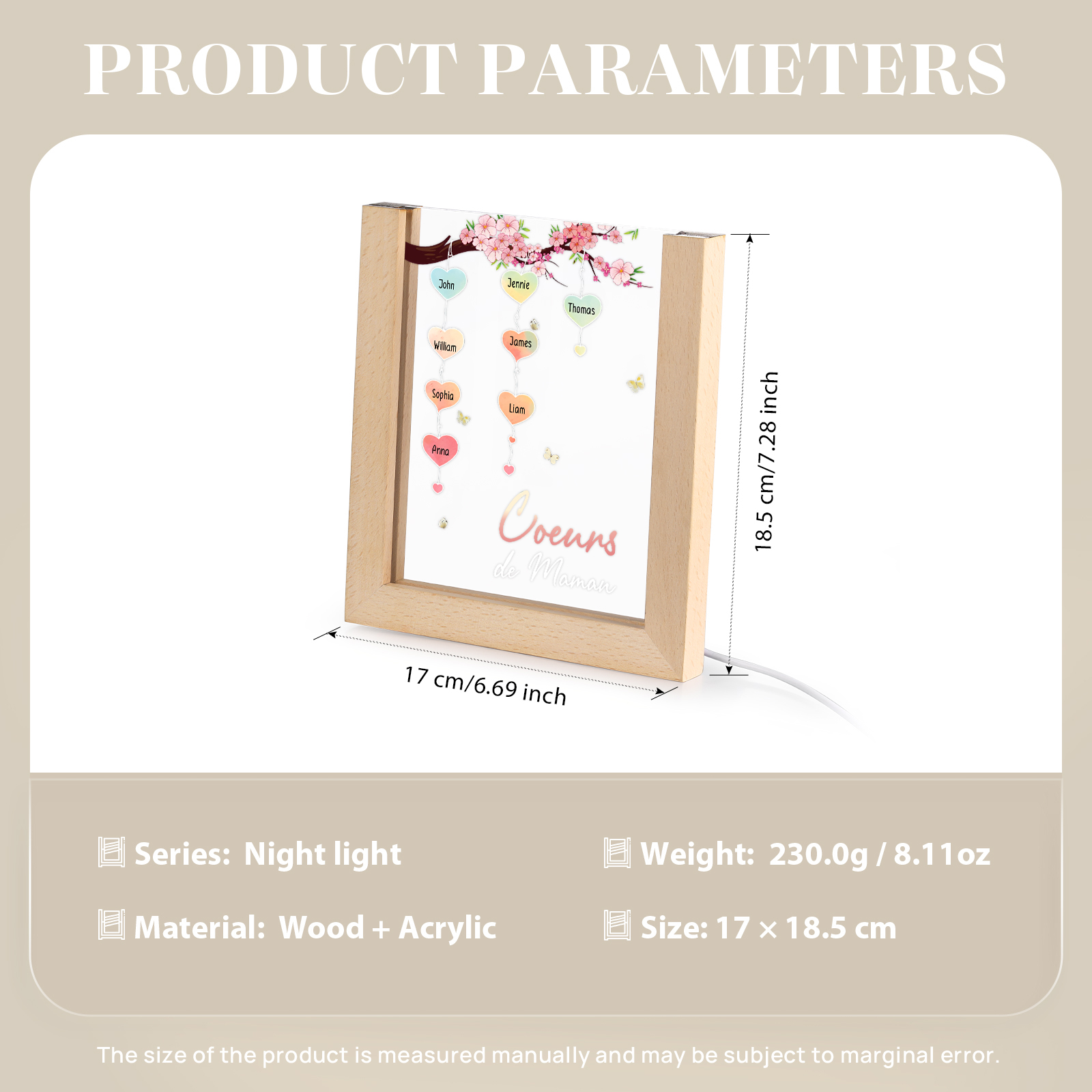 À Maman/Mamie - Lampe de chevet LED Arbre 8 Prénoms Personnalisés avec 1 Texte