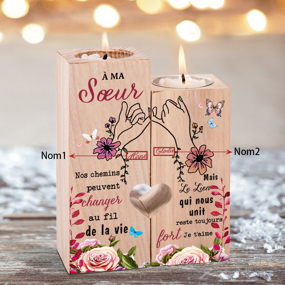 À Ma Sœur - Bougeoir en Bois 2 Prénoms Personnalisés sans bougie