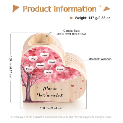 À Ma Maman/Mamie - Bougeoir en Bois Arbre 7 Prénoms et 1 Texte Personnalisés pour Famille sans bougie